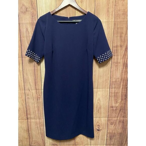 Karl Lagerfeld size 6 Navy Blue Shift Dress Polka Dot Pearl accents business - Picture 1 of 8